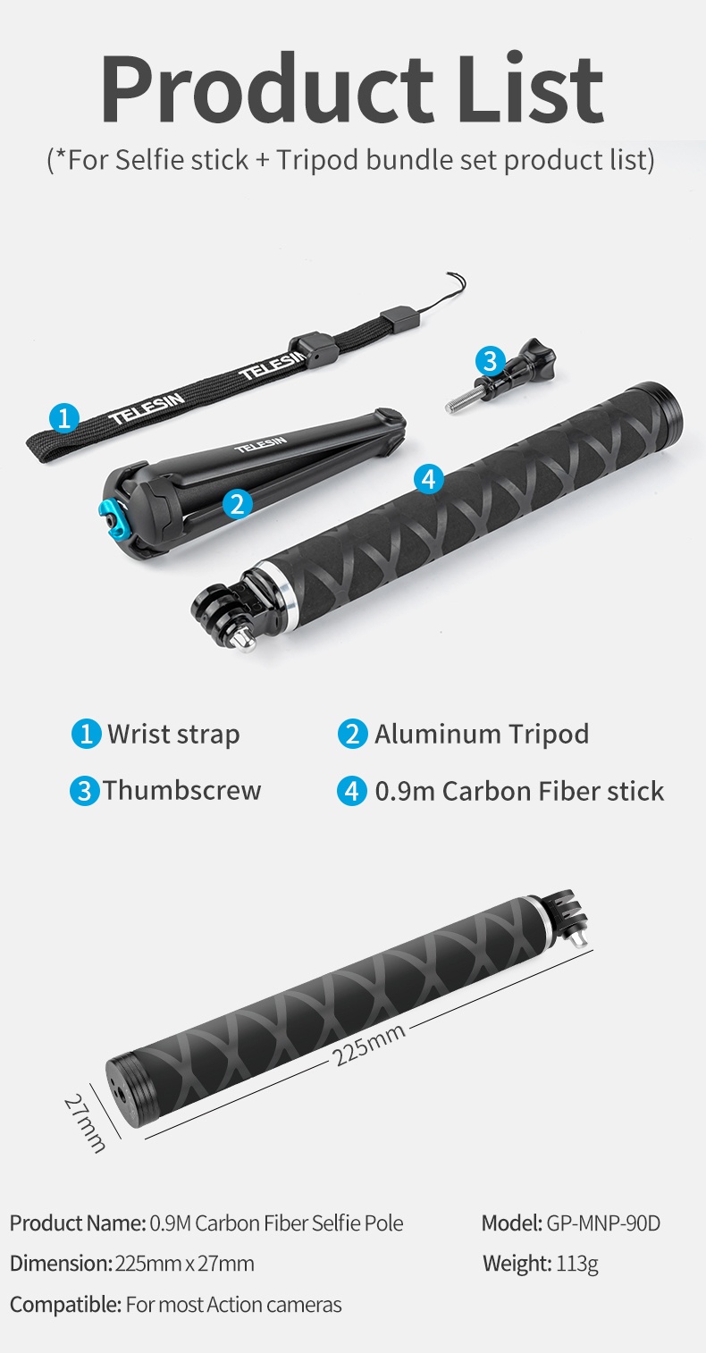 TELESIN TE-MNP-90T 90cm Carbon Fiber Extendable Selfie Monopod with Aluminum Tripod Stand india tiyana 13