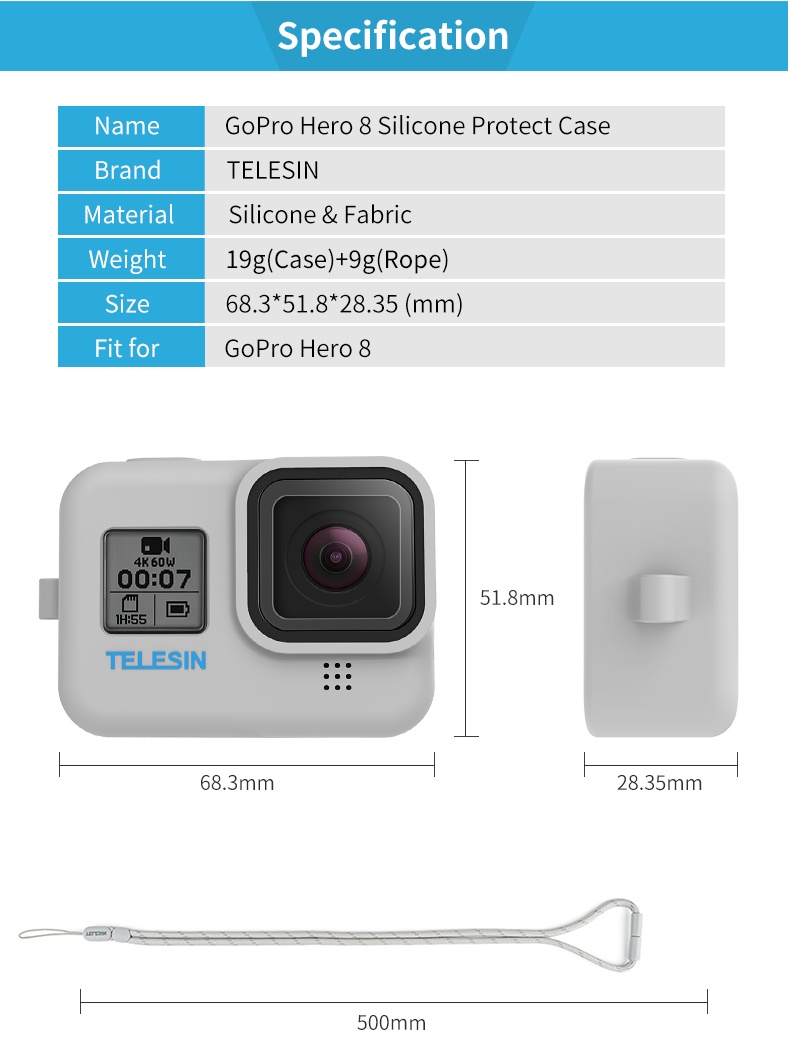 TELESIN GP-PTC-801 Blue Silicone Case with Lanyard Strap for GoPro HERO 8 india tiyana 8
