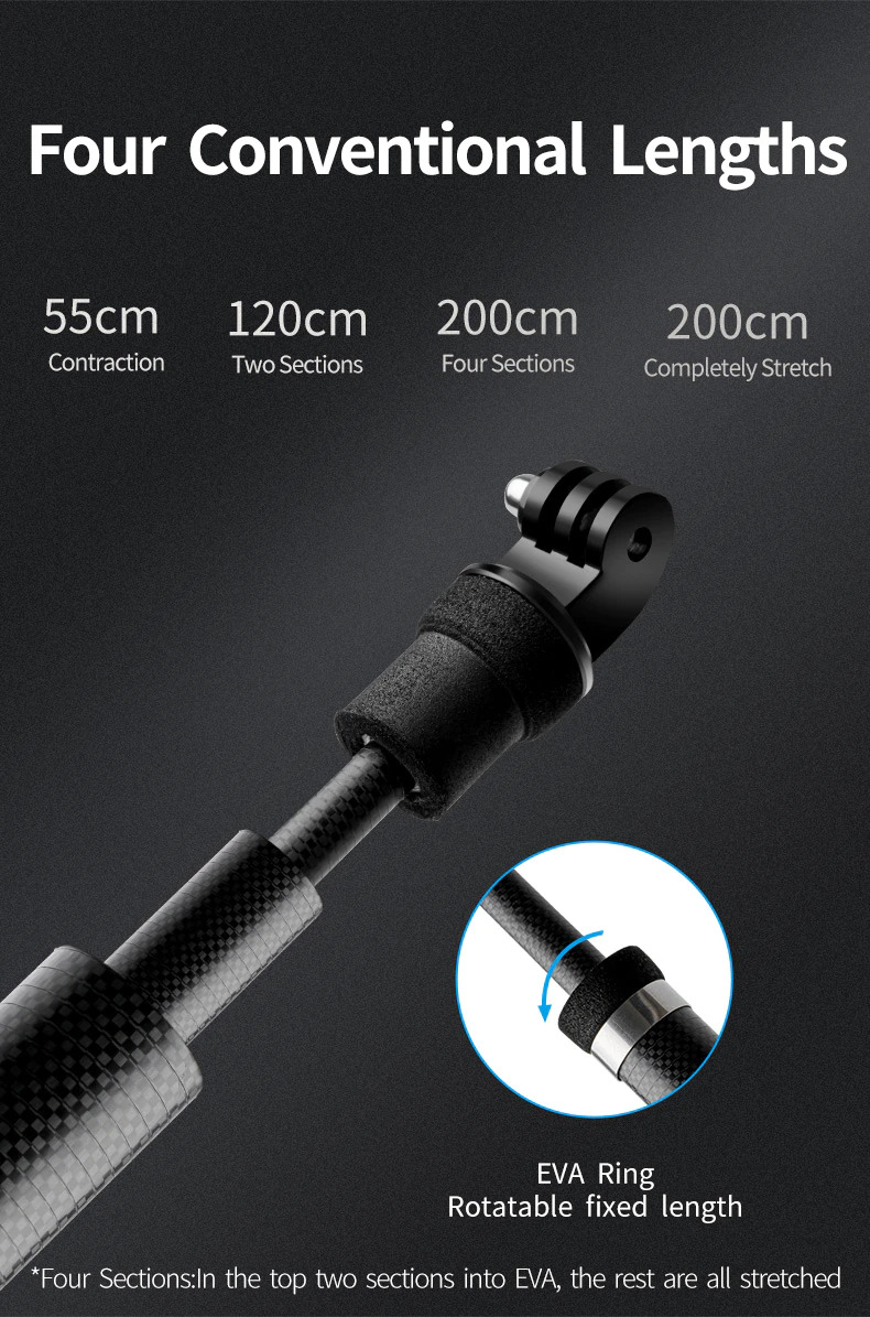 TELESIN 2.7M Long Carbon Fiber Handheld Selfie Stick Extendable Pole Monopod india tiyana 5