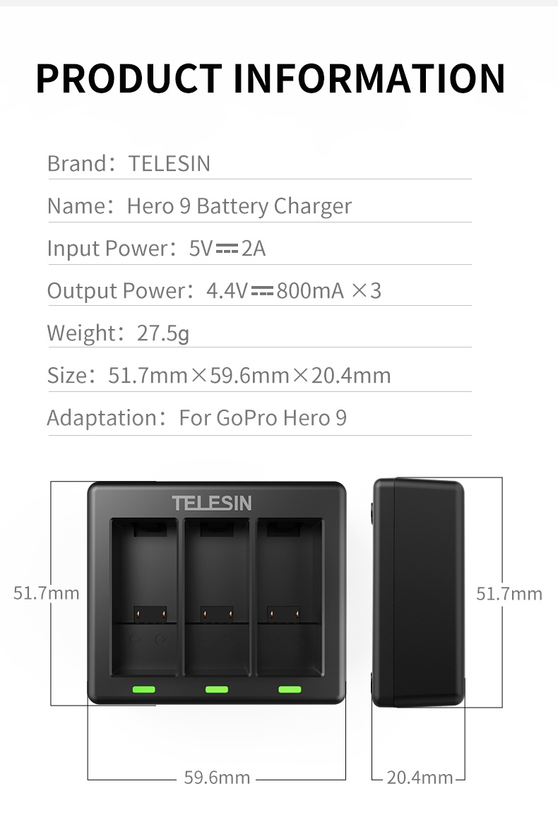 TELESIN GP-BCG-902 3-Channel Triple Battery Charger for GoPro HERO 9 india tiyana 14