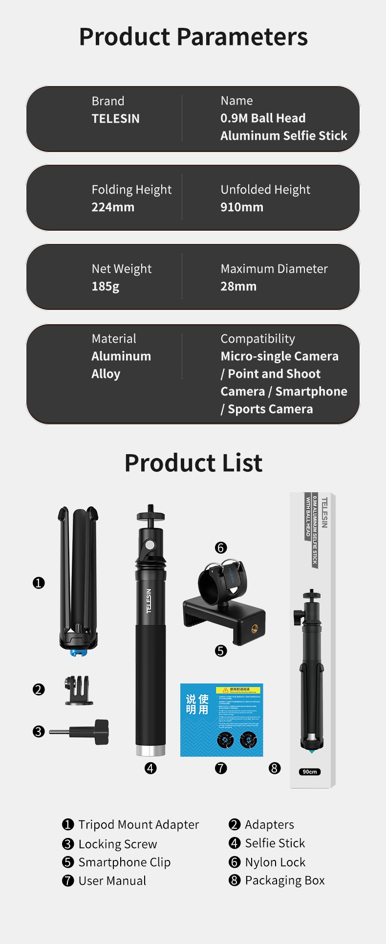 TELESIN GP-MNP-093-H 0.9m Aluminum Alloy Selfie Stick india tiyana 1
